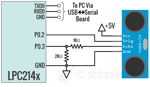Interfacing schematic circuit diagram for HC-SR04 with ARM7 LPC2148